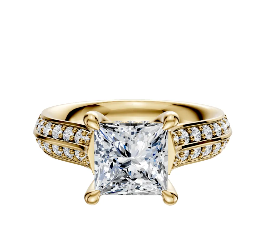 18K Yellow Gold 4 Prong Hidden Halo Cathedral Knife Edge 1-Row-Pave 2.5mm Engagement Ring sold by Effy