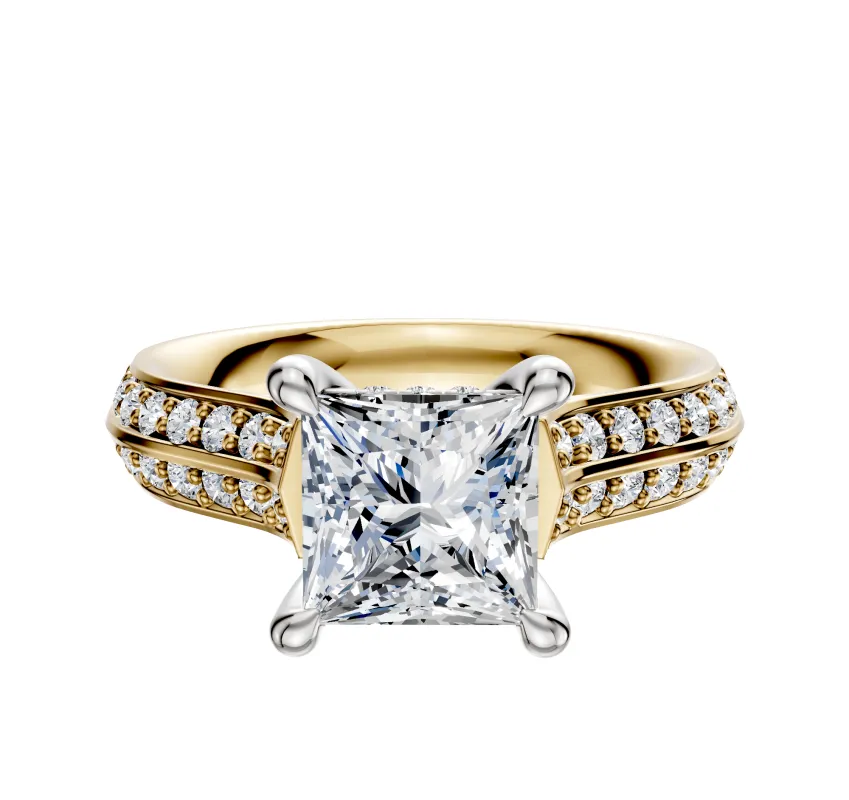 18K Two Tone 4 Prong Hidden Halo Cathedral Knife Edge 1-Row-Pave 2.5mm Engagement Ring sold by Effy