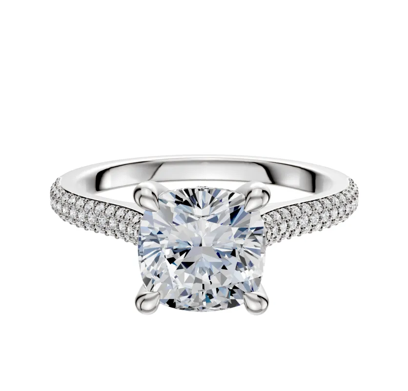 14K White Gold 4 Prong Hidden Halo Cathedral Dome 3-Row-Pave 2.0mm Engagement Ring made by Effy