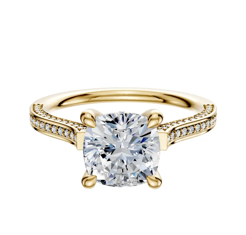 18K Yellow Gold 4 Prong Hidden Halo Cathedral Flat 3-Row-Pave 2.0mm Engagement Ring made by Effy