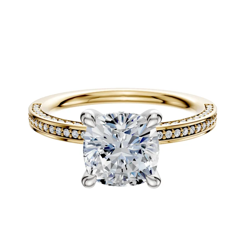 18K Two Tone 4 Prong Hidden Halo Classic Flat 3-Row-Pave 2.0mm Engagement Ring sold by Effy