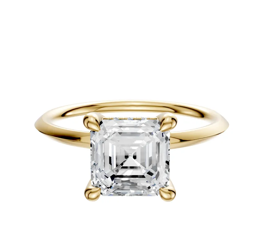 14K Yellow Gold 4 Prong Hidden Halo Classic Knife Edge 1.5mm Engagement Ring made by Effy