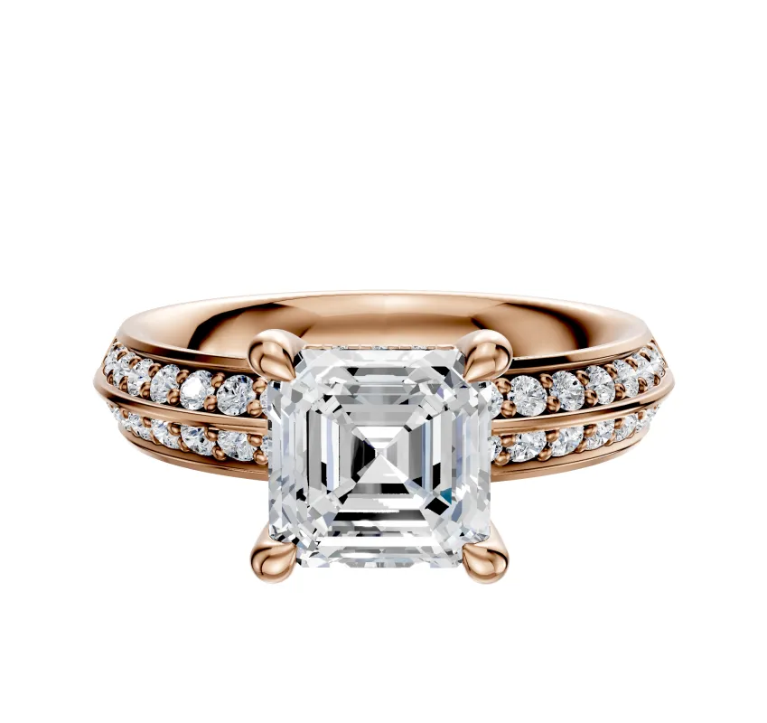 14K Rose Gold 4 Prong Hidden Halo Classic Knife Edge 1-Row-Pave 2.5mm Engagement Ring made by Effy
