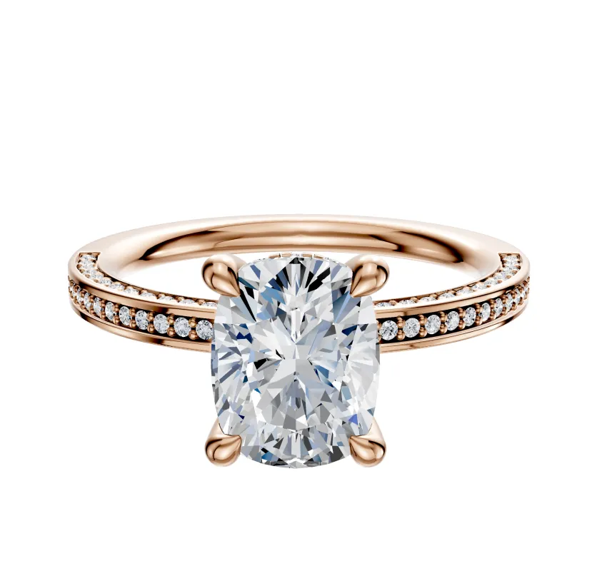 18K Rose Gold 4 Prong Hidden Halo Classic Flat 3-Row-Pave 2.0mm Engagement Ring made by Effy
