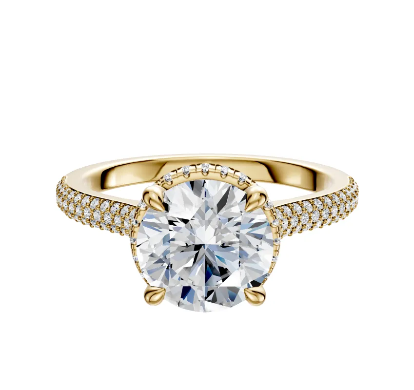 14K Yellow Gold 4 Prong Collar Cathedral Dome 3-Row-Pave 2.0mm Engagement Ring made by Effy