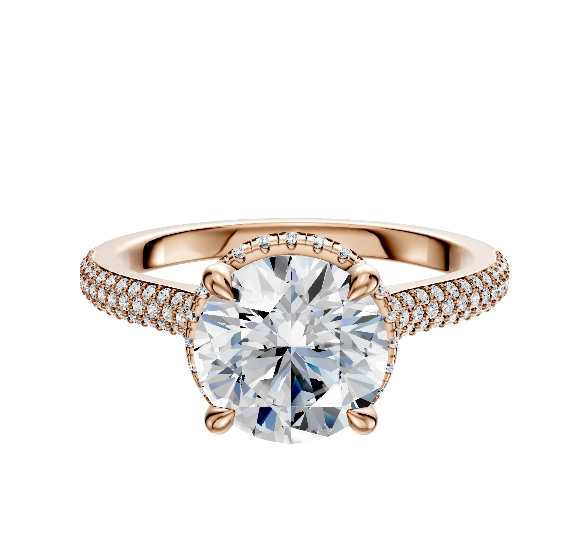 18K Rose Gold 4 Prong Collar Cathedral Dome 3-Row-Pave 2.0mm Engagement Ring sold by Effy