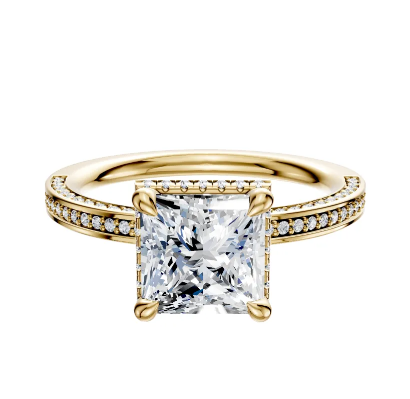 18K Yellow Gold 4 Prong Collar Classic Flat 3-Row-Pave 2.0mm Engagement Ring sold by Effy