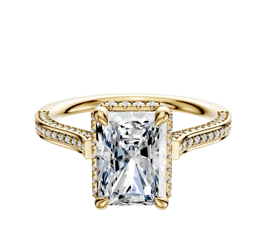 14K Yellow Gold 4 Prong Collar Cathedral Flat 3-Row-Pave 2.0mm Engagement Ring made by Effy