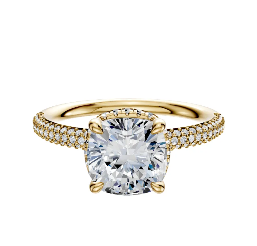 14K Yellow Gold 4 Prong Collar Classic Dome 3-Row-Pave 2.0mm Engagement Ring made by Effy