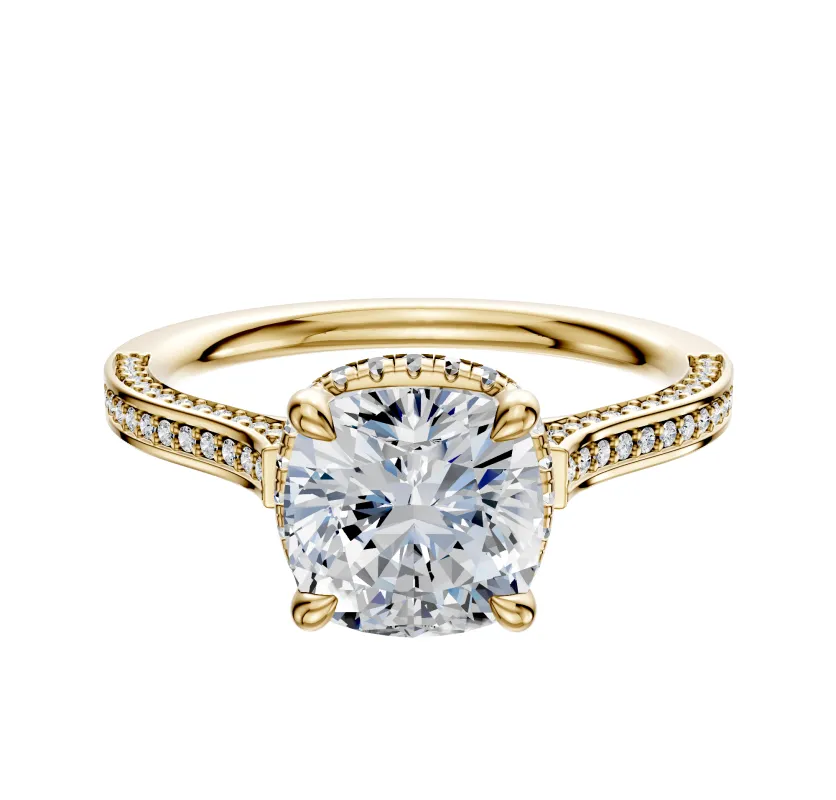 18K Yellow Gold 4 Prong Collar Cathedral Flat 3-Row-Pave 2.0mm Engagement Ring made by Effy