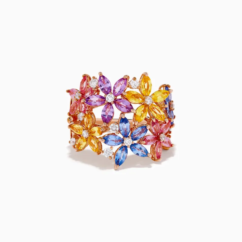 Watercolors 14K Rose Gold Multi Sapphire and Diamond Flowers Ring sold by Effy