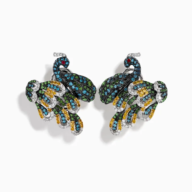 14K White Gold Multi Color Diamond and Ruby Peacock Earrings made by Effy