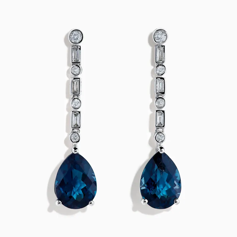 14K White Gold Blue Topaz and Diamond Linear Drop Earrings sold by Effy