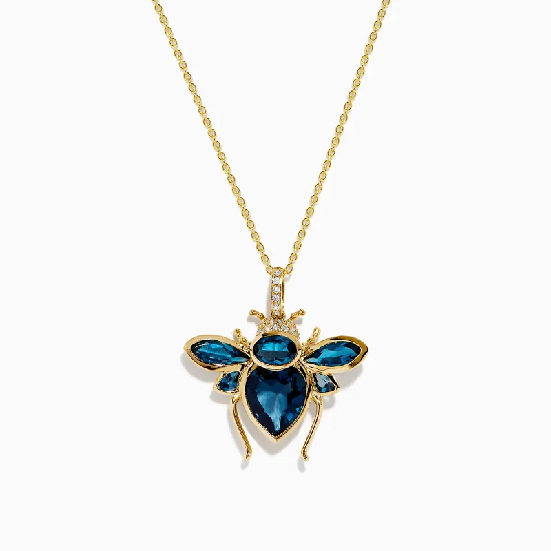 Novelty 14K Yellow Gold Blue Topaz and Diamond Bee Pendant sold by Effy