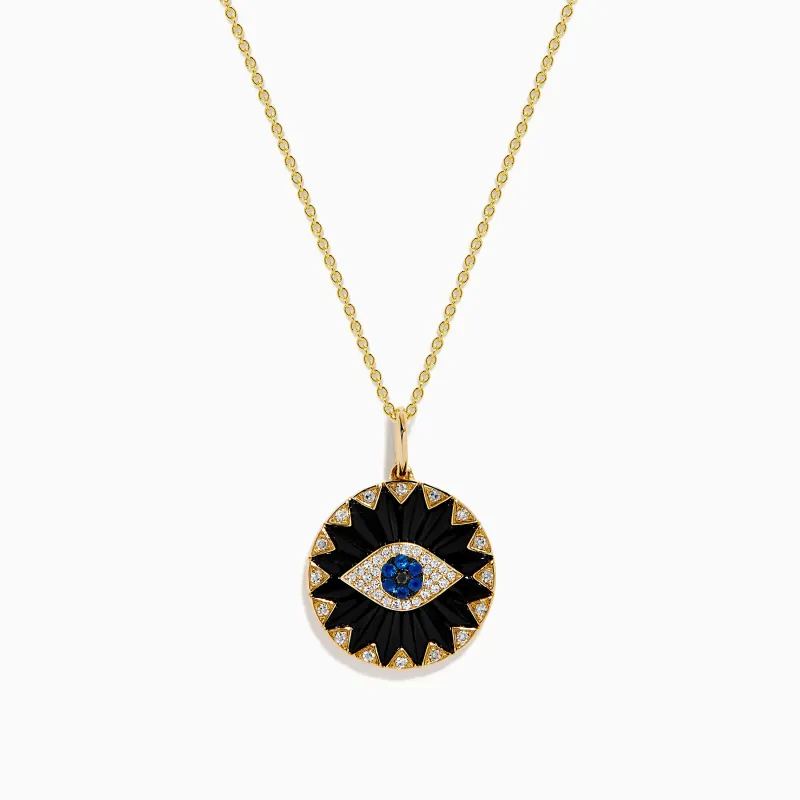 Novelty 14K Yellow Gold Black Onyx, Diamond and Sapphire Evil Eye Pendant sold by Effy