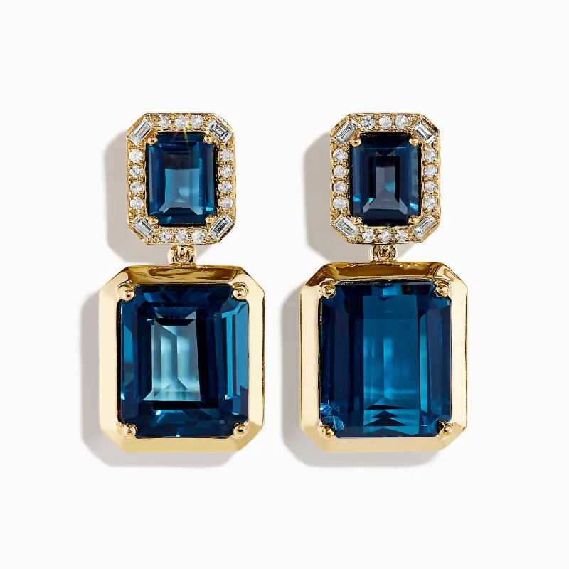 14K Yellow Gold Emerald-Cut Blue Topaz and Diamond Dangle Earrings sold by Effy