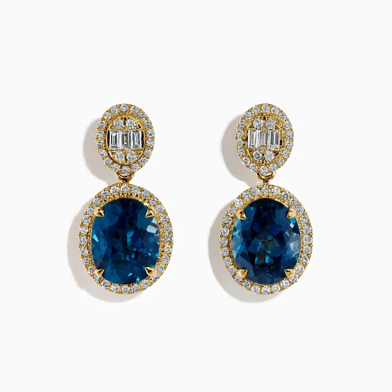 14K Yellow Gold Blue Topaz and Diamond Oval Drop Earrings sold by Effy