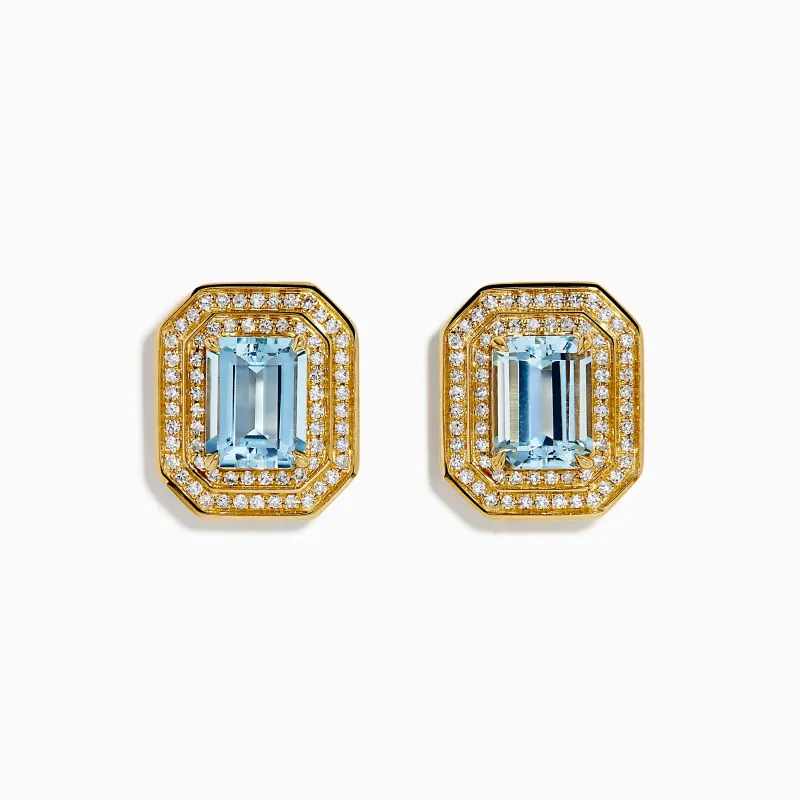 14K Yellow Gold Aquamarine and Diamond Double Halo Earrings sold by Effy