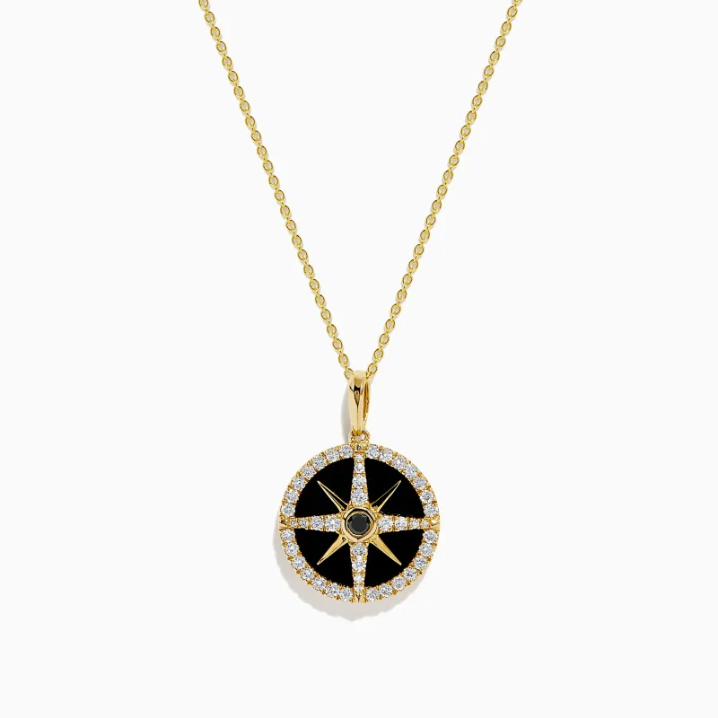 Novelty 14K Yellow Gold Black Onyx, White and Black Diamond Compass Pendant sold by Effy