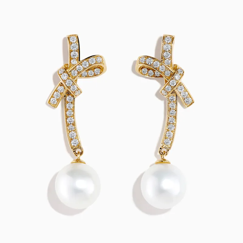 14K Yellow Gold Diamond Bow and Cultured Pearl Linear Drop Earrings sold by Effy