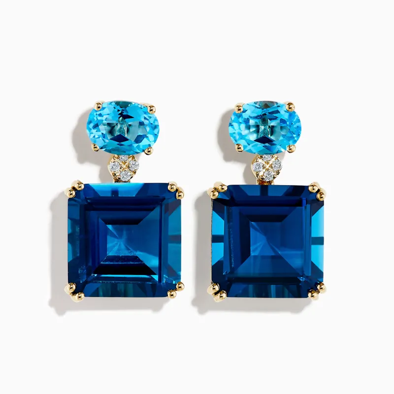 14K Yellow Gold Blue Topaz and Diamond Dual-Stone Statement Drop Earrings sold by Effy