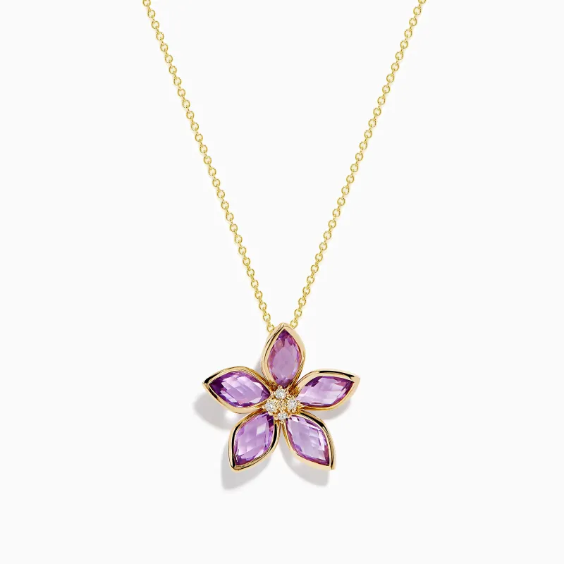 14K Yellow Gold Amethyst and Diamond Flower Pendant sold by Effy