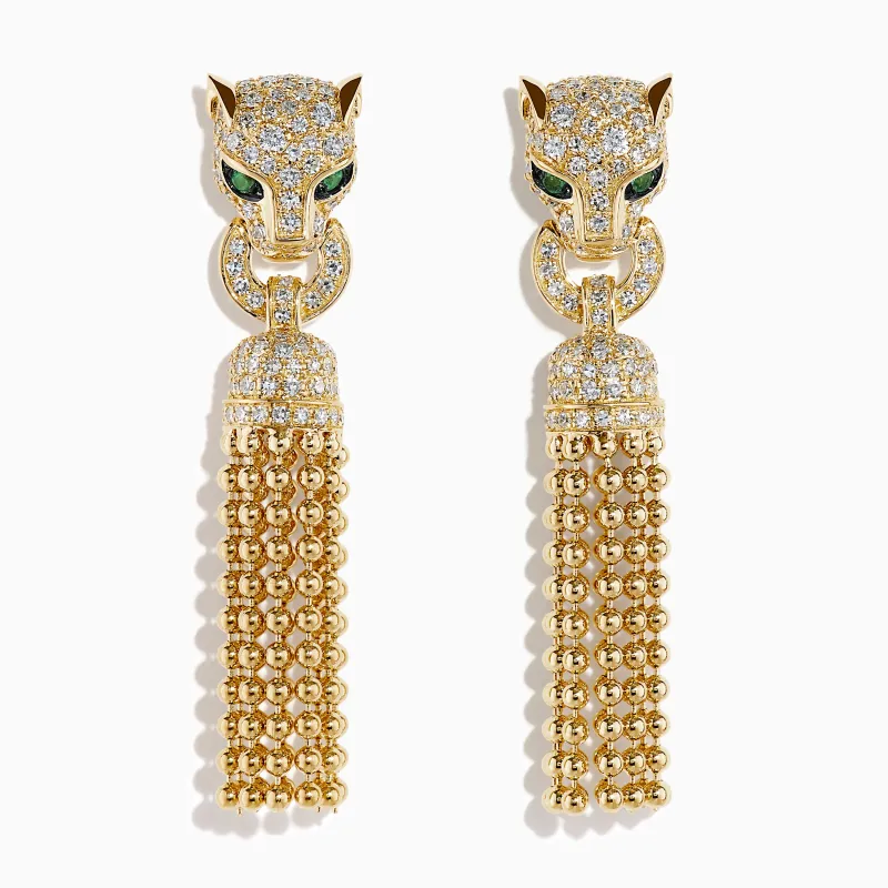 14K Yellow Gold Diamond and Emerald Tassel Panther Earrings sold by Effy