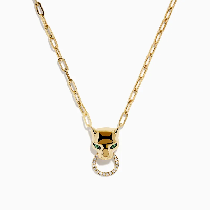 Signature 14K Yellow Gold Diamond and Emerald Panther Necklace sold by Effy