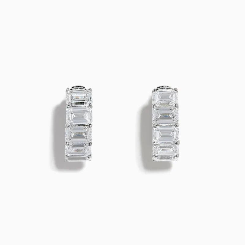 Lab Grown Emerald Cut Diamond Huggie Earrings in 14K White Gold sold by Effy