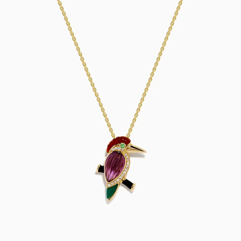 14K Yellow Gold Multi Gemstone and Diamond Woodpecker Pendant sold by Effy