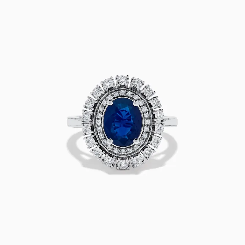 14K White Gold Blue Sapphire and Diamond Double Halo Ring sold by Effy