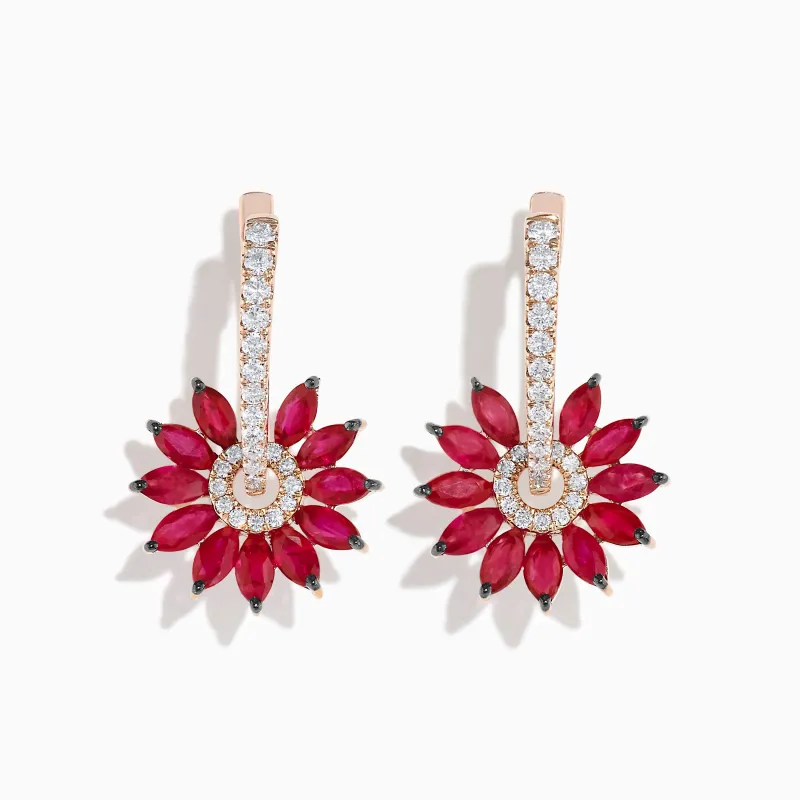 14K Rose Gold Ruby and Diamond Floral Huggie Earrings sold by Effy