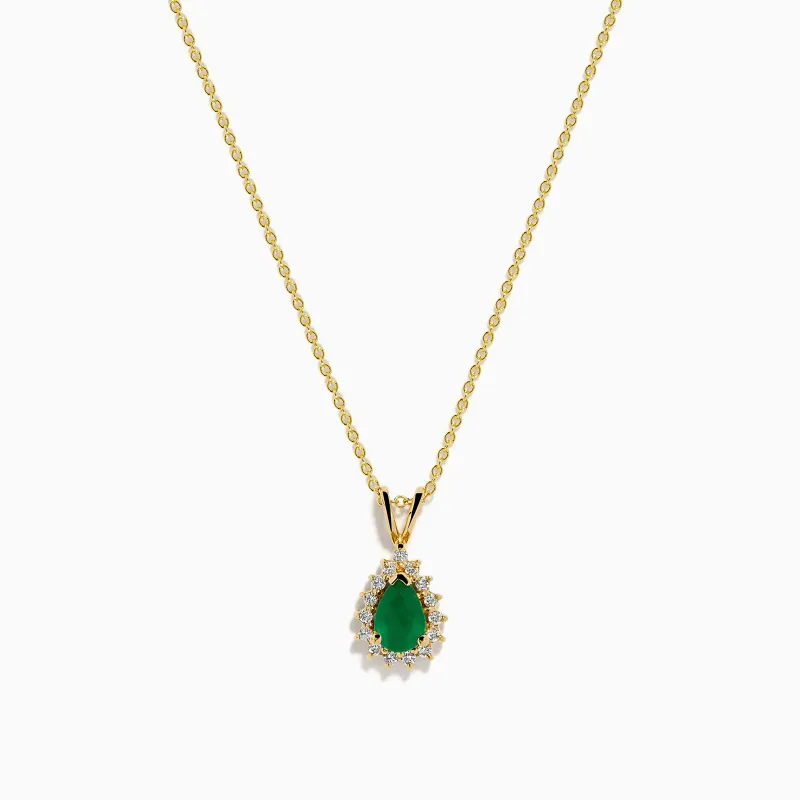 14K Yellow Gold Emerald and Diamond Pear Halo Pendant sold by Effy