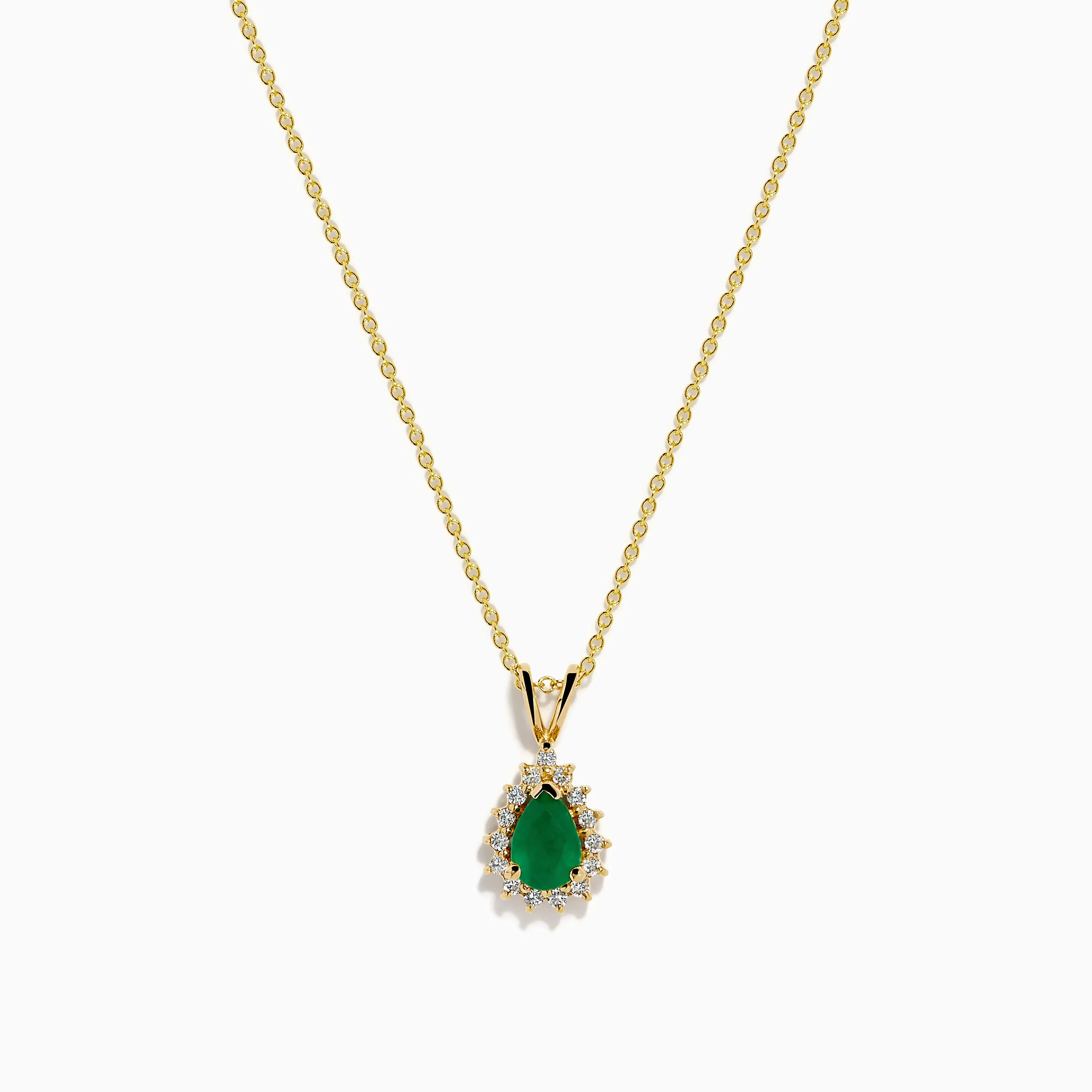 14K Yellow Gold Emerald and Diamond Pear Halo Pendant sold by Effy
