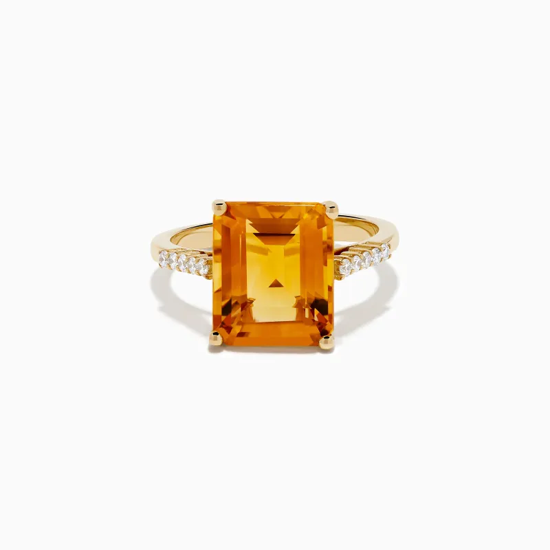 14K Yellow Gold Step Cut Citrine and Diamond Cocktail Ring sold by Effy