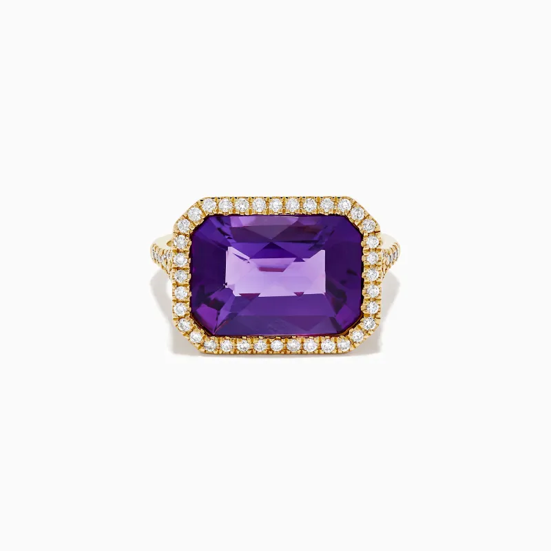 14K Yellow Gold Amethyst and Diamond Halo East West Cocktail Ring sold by Effy