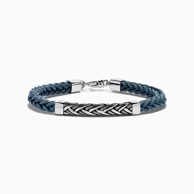 Men's 925 Sterling Silver and Leather Braided Bracelet sold by Effy