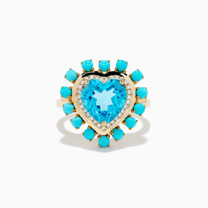 14K Yellow Gold Blue Topaz, Turquoise and Diamond Heart Cocktail Ring sold by Effy