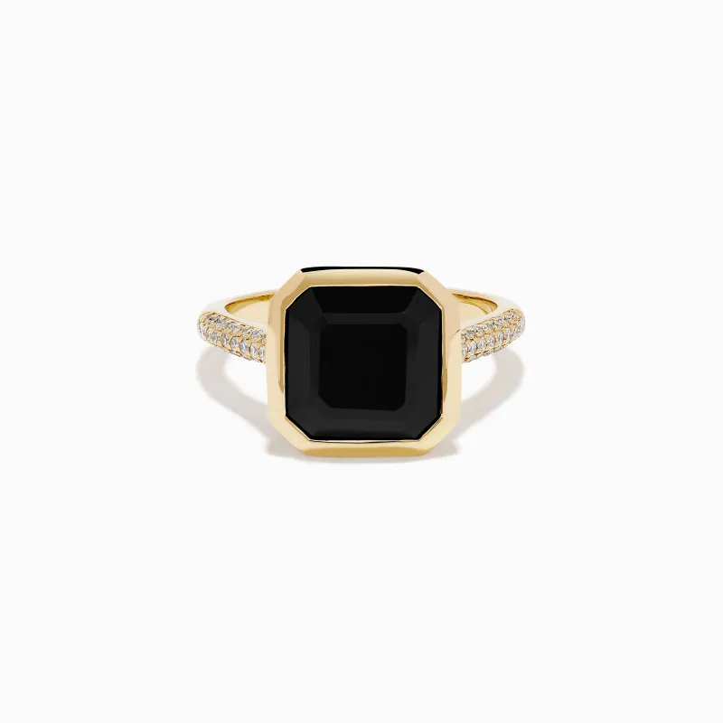 14K Yellow Gold Bezel Set Black Onyx and Diamond Ring sold by Effy