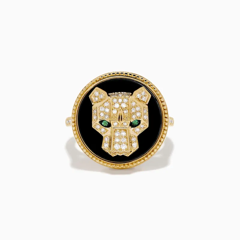 Signature 14K Yellow Gold Black Onyx, Diamond and Emerald Panther Ring sold by Effy