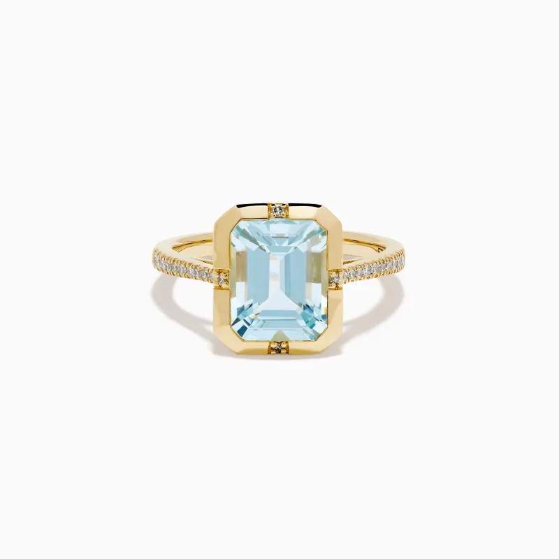 14K Yellow Gold Aquamarine and Diamond Bezel Solitaire Ring sold by Effy