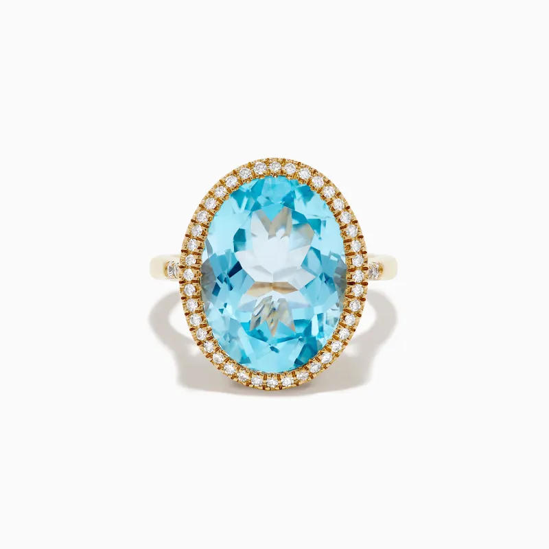 14K Yellow Gold Blue Topaz and Diamond Halo Cocktail Ring sold by Effy