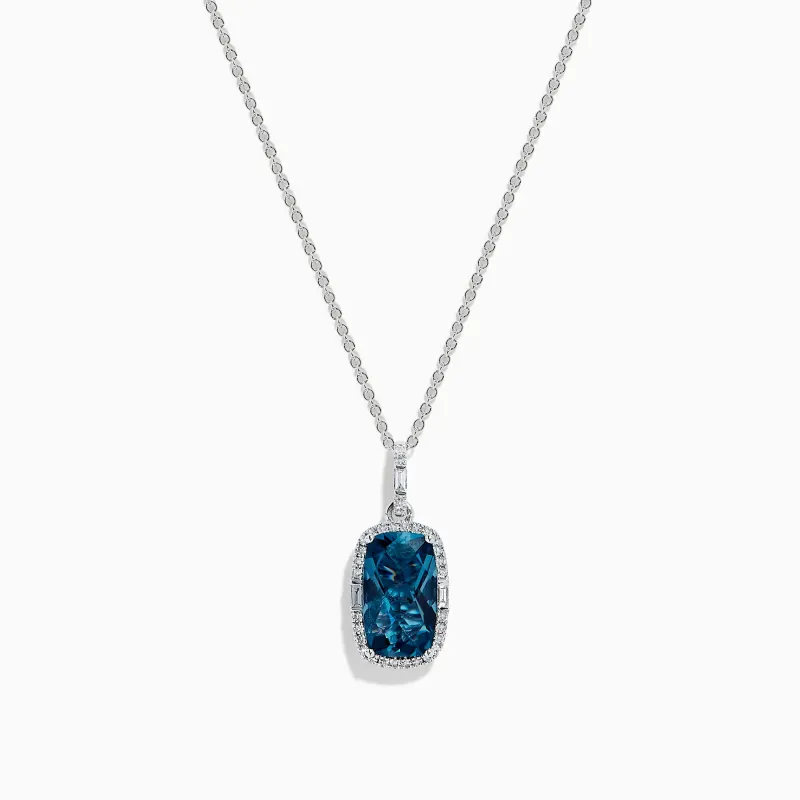 14 Karat White Gold Elongated Cushion Blue Topaz and Diamond Pendant sold by Effy