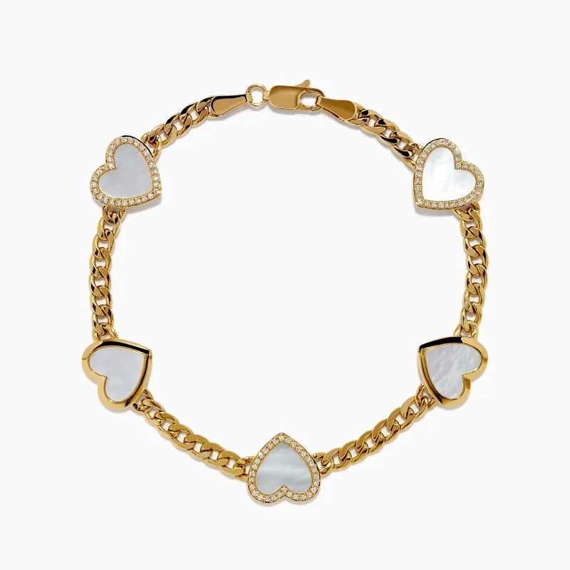 14K Yellow Gold Mother of Pearl and Diamond Heart Chain-link Station Bracelet sold by Effy