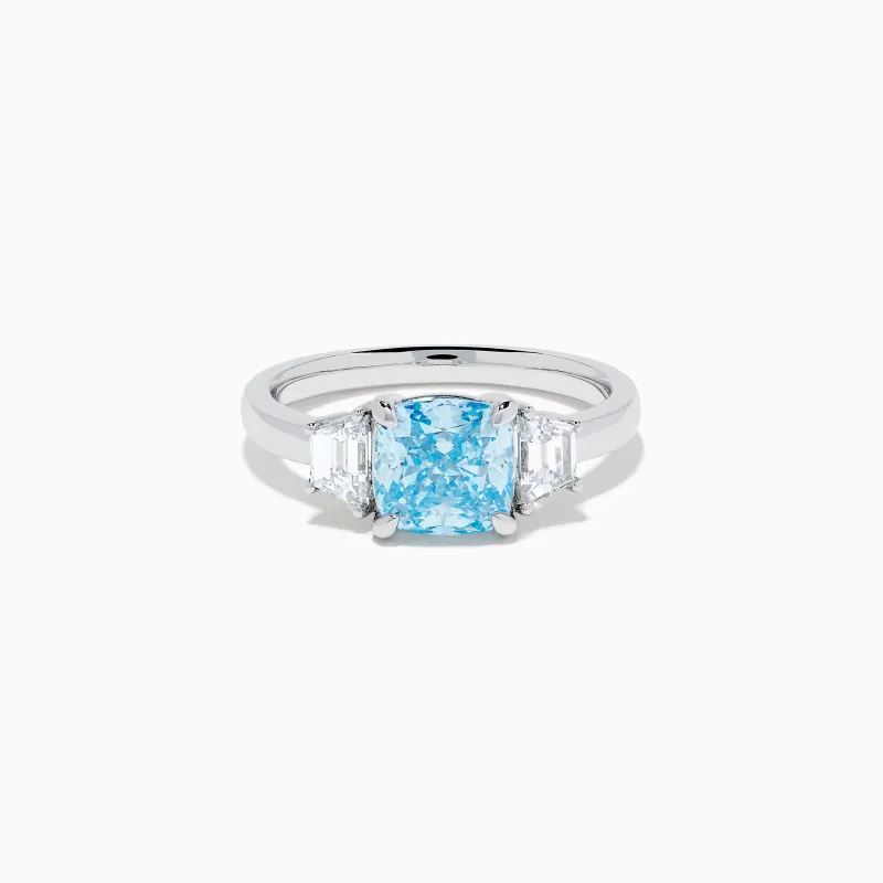 Lab Grown Blue and White Diamond 3 Stone Ring in 14K White Gold made by Effy