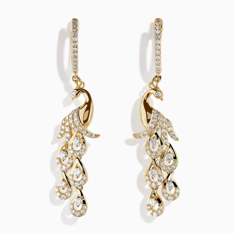 14K Yellow Gold Diamond Peacock Drop Earrings made by Effy