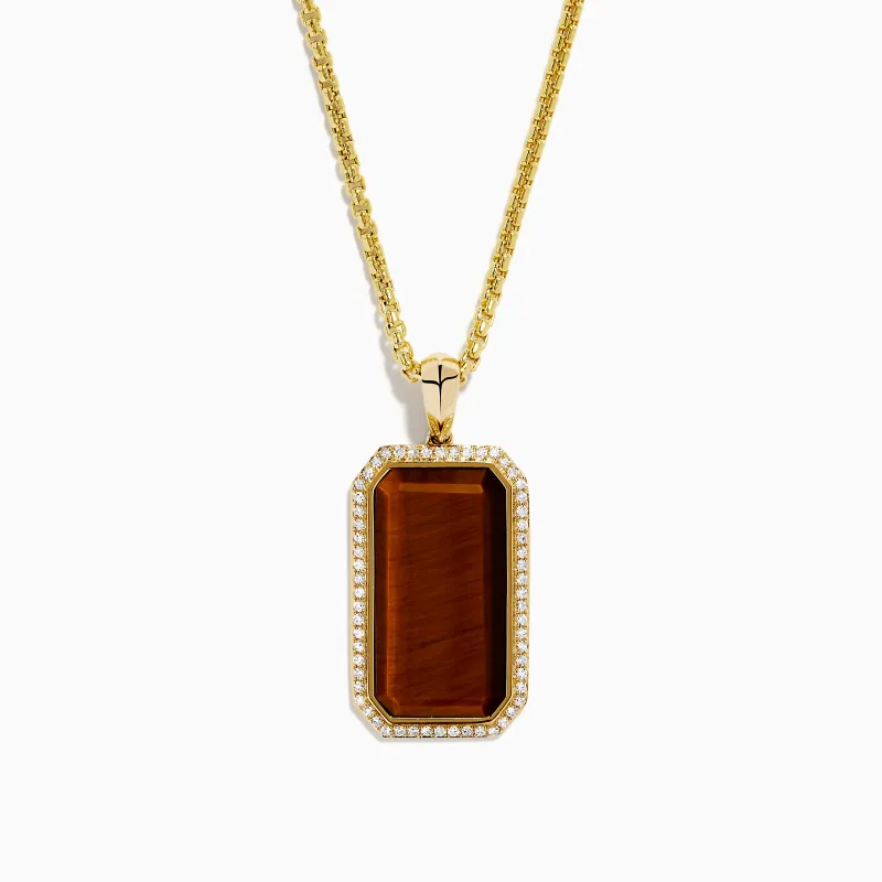 Men's 14K Yellow Gold Diamond and Tiger Eye Dog Tag Pendant made by Effy