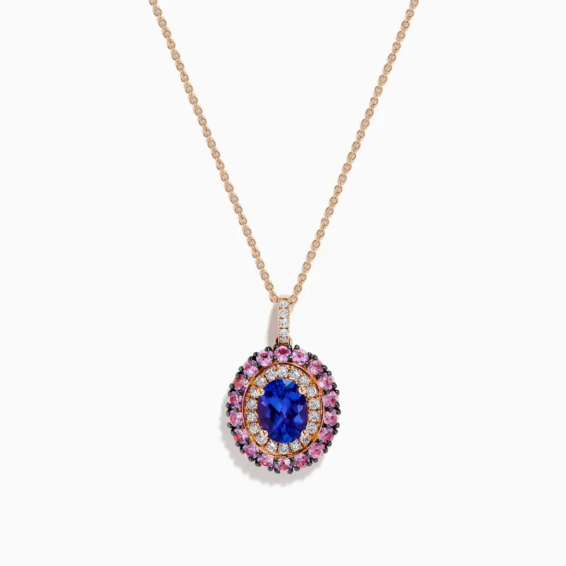 14K Rose Gold Pink Sapphire, Tanzanite, and Diamond Double Halo Pendant made by Effy