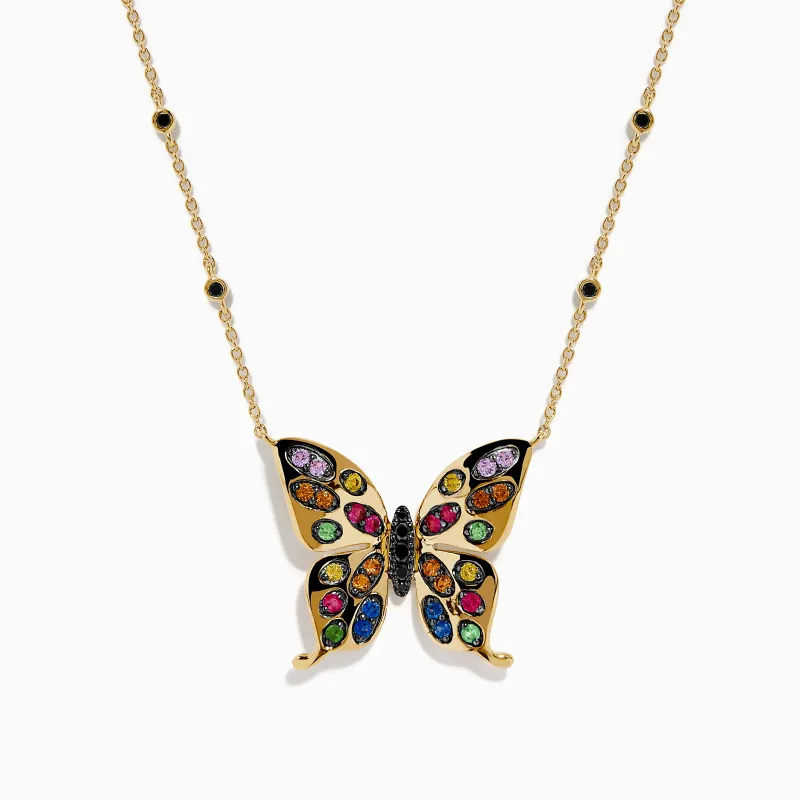 Watercolors 14K Yellow Gold Multi Sapphire and Black Diamond Butterfly Necklace made by Effy