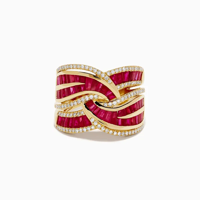 14K Yellow Gold Ruby and Diamond Crossover Ring made by Effy